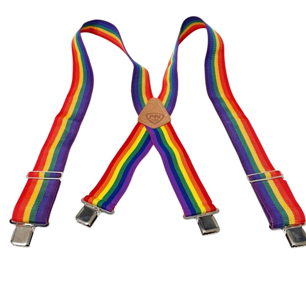 Vtg McGuire Nicholas Rainbow Pride 2 Inch Wide Suspenders LGBTQ Leather Trim
